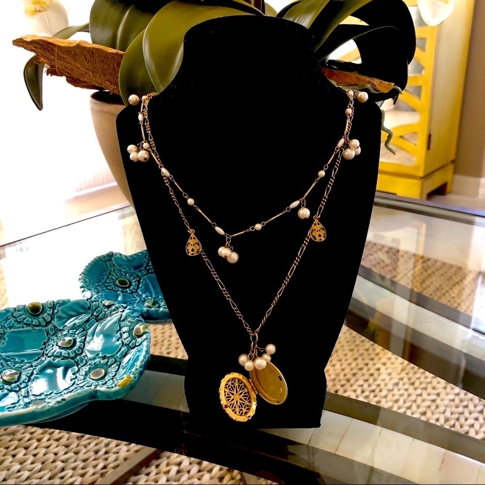 CAROLEE TWO STRAND, LAYERED PEARL LOCKET GOLD TONE NECKLACE